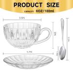 GURUDAR Glass Tea Cups and Saucers Set of 6, Clear Coffee Mugs with Stainless Steel Spoon, Dishwasher & Microwave Safe Teacups for Espresso Cappuccino Latte Tea Juice, 6OZ/180ML
