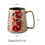XINRRY Large 24 oz Ceramic Coffee Mug with Handle, Vintage Floral Coffee Cup, Extra Big Tea Cup for Office and Home, Dishwasher and Microwave Safe, Khaki with Red Flower