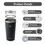 WAVETOPIA Insulated Coffee Mug with Lid, Reusable Stainless Steel Travel Coffee Cup, 16 Oz Double Wall Vacuum Spill Proof Tumbler Cups for Men and Women Hot & Cold Drinks（Black）