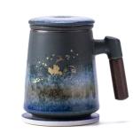 Ochcahser Tea Cup with Infuser and Lid, Deer and Nature Design Ceramic Tea Mug with Absorbent Coaster, 17 OZ Infusion Mug with Wood Handle, Ideal Tea Steeper for Loose Leaf Tea Lovers (Deer A)