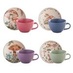 Corona Tea Cup and Saucers Set, 8-pieces (8.4oz), Ceramic Set for 4, Coffee, Latte, Tea Cups, Fungi Inspired Design, Earthy