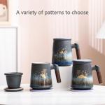 Ochcahser Tea Cup with Infuser and Lid, Deer and Nature Design Ceramic Tea Mug with Absorbent Coaster, 17 OZ Infusion Mug with Wood Handle, Ideal Tea Steeper for Loose Leaf Tea Lovers (Deer A)
