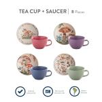 Corona Tea Cup and Saucers Set, 8-pieces (8.4oz), Ceramic Set for 4, Coffee, Latte, Tea Cups, Fungi Inspired Design, Earthy