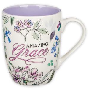 Christian Art Gifts Inspirational Ceramic Coffee & Tea Mug for Women: Amazing Grace, Cute Encouraging Lead-free Microwave & Dishwasher Safe Drinkware, White & Lavender Purple Multicolor Floral, 12 oz.