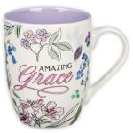 Christian Art Gifts Inspirational Ceramic Coffee & Tea Mug for Women: Amazing Grace, Cute Encouraging Lead-free Microwave & Dishwasher Safe Drinkware, White & Lavender Purple Multicolor Floral, 12 oz.