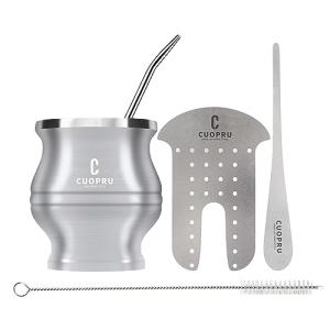 Cuopru Yerba Mate Cup - Mate Gourd Set Includes Double Walled Stainless Steel Tea Cup, Tea Shaper set, Bombilla Straws, Cleaning Brush (Silver)