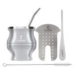 Cuopru Yerba Mate Cup - Mate Gourd Set Includes Double Walled Stainless Steel Tea Cup, Tea Shaper set, Bombilla Straws, Cleaning Brush (Silver)