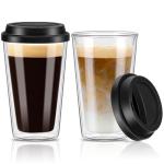 Qipecedm 2 Packs Double Walled Glass Coffee Mugs with Silicone Lids, 12 OZ Reusable Glass Coffee Cups, Insulated Coffee Mugs, Cappuccino,Tea,Latte,Iced Coffee Cups, Glass Travel Mug, Heat Resistant