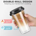 Qipecedm 2 Packs Double Walled Glass Coffee Mugs with Silicone Lids, 12 OZ Reusable Glass Coffee Cups, Insulated Coffee Mugs, Cappuccino,Tea,Latte,Iced Coffee Cups, Glass Travel Mug, Heat Resistant