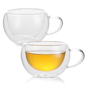 GURUDAR Double Wall Insulated Glass Tea Cups Set of 2, Clear Borosilicate Espresso Shot Cups for Espresso Machine, Glass Teacups Coffee Mugs with Handle for Cappuccino Latte, 7OZ/200ML