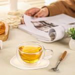 GURUDAR Double Wall Insulated Glass Tea Cups Set of 2, Clear Borosilicate Espresso Shot Cups for Espresso Machine, Glass Teacups Coffee Mugs with Handle for Cappuccino Latte, 7OZ/200ML