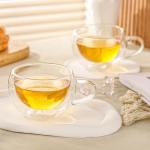 GURUDAR Double Wall Insulated Glass Tea Cups Set of 2, Clear Borosilicate Espresso Shot Cups for Espresso Machine, Glass Teacups Coffee Mugs with Handle for Cappuccino Latte, 7OZ/200ML