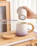 ZENS Tea Mug with Infuser and Lid for Loose Leaf Tea Steeper, 11 oz Embossed Ceramic Tea Cup with Strainers for Tea Steeper, Wood Handle Gradient Tea Cup for Daughter, Collector's Mug Gifts