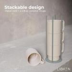 LIBKEN Stackable Coffee Mug Set with Green Stand Rack 4x8oz Ceramic Mugs with Unique Sprinkled Optics - Powder Coated Metal Rack for Space Saving Storage - Dishwasher-Safe - Microwave & Oven Use