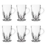 binsakao Turkish Tea Cups Set of 6, Classic Clear Cut 9.6 Oz Footed Glass Tea Cups with Handles, Etched Design