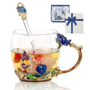AISVELDY Flower Tea Cup,Butterfly Rose Clear Glass Fancy Coffee Mug with Spoon,Gift Box for Her Mom Wife Grandma Girls Women Christmas Birthday Present Idea for Juice,Hot And Cold Drinks Use