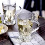 binsakao Turkish Tea Cups Set of 6, Classic Clear Cut 9.6 Oz Footed Glass Tea Cups with Handles, Etched Design