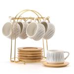 LUKA Ceramic Coffee Espresso Cups with Saucers Set with Metal Holder, 4 oz Porcelain Demitasse Cups For Tea, Espresso, Latte, Coffee, Cafe Mocha, Set of 6, White