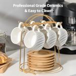 LUKA Ceramic Coffee Espresso Cups with Saucers Set with Metal Holder, 4 oz Porcelain Demitasse Cups For Tea, Espresso, Latte, Coffee, Cafe Mocha, Set of 6, White