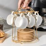 LUKA Ceramic Coffee Espresso Cups with Saucers Set with Metal Holder, 4 oz Porcelain Demitasse Cups For Tea, Espresso, Latte, Coffee, Cafe Mocha, Set of 6, White