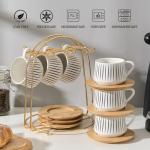 LUKA Ceramic Coffee Espresso Cups with Saucers Set with Metal Holder, 4 oz Porcelain Demitasse Cups For Tea, Espresso, Latte, Coffee, Cafe Mocha, Set of 6, White