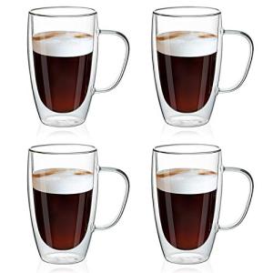 MEWAY 16oz/4 pack Coffee Mugs,Thickened Clear Glass Double Wall Cup with handle for Coffee, Tea, Latte, Cappuccino (16 oz,4)