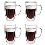 MEWAY 16oz/4 pack Coffee Mugs,Thickened Clear Glass Double Wall Cup with handle for Coffee, Tea, Latte, Cappuccino (16 oz，4)