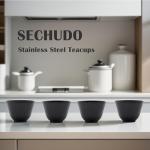 SECHUDO Chinese Small Tea Cups, Anti Scalding and Durable Stainless Steel Teacups with no Handles, Lightweight Tea Cups for Adults, 2oz Tea Cups - Set of 4Pcs(2oz Black Pattern)