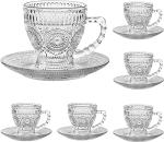 cosnou Vintage Glass Tea Cups with Saucers, Glass Mugs 7 Oz Set of 6 Espresso Coffee Embossed Glassware with Handle, for Cappuccino, Latte, Cereal, Yogurt, Beverage Hot/Cold, Milk…