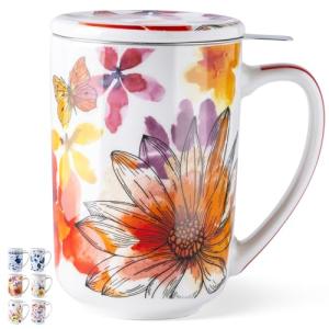 GBHOME Tea Mug with Infuser and Lid, 18 Ounce Large Ceramic Loose Leaf Cup, Microwave, Dishwasher Safe, Perfect For Tea Lovers