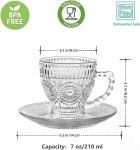 cosnou Vintage Glass Tea Cups with Saucers, Glass Mugs 7 Oz Set of 6 Espresso Coffee Embossed Glassware with Handle, for Cappuccino, Latte, Cereal, Yogurt, Beverage Hot/Cold, Milk…