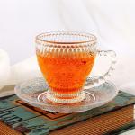 cosnou Vintage Glass Tea Cups with Saucers, Glass Mugs 7 Oz Set of 6 Espresso Coffee Embossed Glassware with Handle, for Cappuccino, Latte, Cereal, Yogurt, Beverage Hot/Cold, Milk…