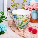 LanHong 16 oz Floral Mugs Bone Porcelain Coffee Tea Cup Cute Coffee Mug Gift for Friend Colleague Dad Mom (White B)
