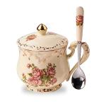 YOLIFE Pink Rose Tea Cup with Lid, Vintage Ceramic Tea Cup with lid and Spoon, Tea Cups with Floral and Gold Leaves Trim Design, Birthday Gift for Mom Women -12 oz