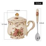 YOLIFE Pink Rose Tea Cup with Lid, Vintage Ceramic Tea Cup with lid and Spoon, Tea Cups with Floral and Gold Leaves Trim Design, Birthday Gift for Mom Women -12 oz