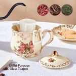 YOLIFE Pink Rose Tea Cup with Lid, Vintage Ceramic Tea Cup with lid and Spoon, Tea Cups with Floral and Gold Leaves Trim Design, Birthday Gift for Mom Women -12 oz