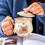 YOLIFE Pink Rose Tea Cup with Lid, Vintage Ceramic Tea Cup with lid and Spoon, Tea Cups with Floral and Gold Leaves Trim Design, Birthday Gift for Mom Women -12 oz