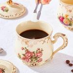 YOLIFE Pink Rose Tea Cup with Lid, Vintage Ceramic Tea Cup with lid and Spoon, Tea Cups with Floral and Gold Leaves Trim Design, Birthday Gift for Mom Women -12 oz