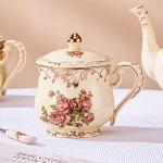 YOLIFE Pink Rose Tea Cup with Lid, Vintage Ceramic Tea Cup with lid and Spoon, Tea Cups with Floral and Gold Leaves Trim Design, Birthday Gift for Mom Women -12 oz