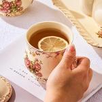 YOLIFE Pink Rose Tea Cup with Lid, Vintage Ceramic Tea Cup with lid and Spoon, Tea Cups with Floral and Gold Leaves Trim Design, Birthday Gift for Mom Women -12 oz