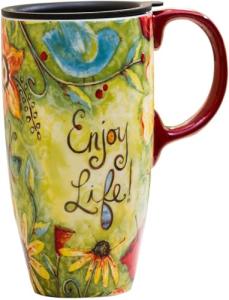 CEDAR HOME Coffee Ceramic Mug Porcelain Latte Tea Cup With Lid 17oz. Enjoy Life