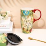 CEDAR HOME Coffee Ceramic Mug Porcelain Latte Tea Cup With Lid 17oz. Enjoy Life