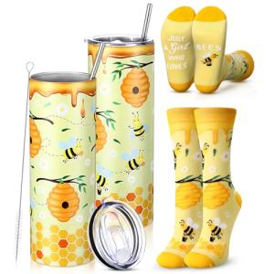 Funnymoom 2 Pack Bee Themed Party Gifts Set Skinny Tumbler 20 oz Travel Coffee Mug Socks Novelty Cute Animals, Honey Christmas Birthday for Lovers Party
