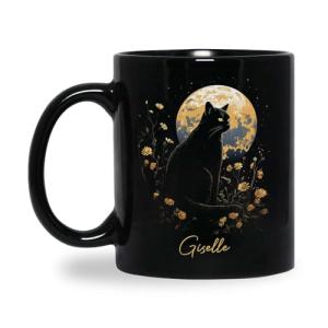 Customized Black Cat With Moon Coffee Mug For Men Women, Black Cat Ceramic Cup Gift For Cat Owners, Custom Black Mug With Cat Lovers Name, Personalized Animal Theme Travel Tea Mugs