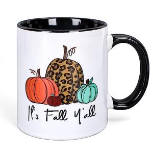 Whaline Fall Thanksgiving Coffee Mugs Autumn Variety Pumpkin Print Ceramic Cups It's Fall Y'all Mug for Home Birthday Gift Family Supplies,12oz