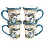 Harvest Gatherings 14 oz. Ceramic Fall Mugs, Set of 4 – Blue & White Pumpkin Coffee Cups – Rustic Autumn Drinkware for Tea, Cocoa, or Cider – Thanksgiving Decor, Farmhouse Kitchen, Hostess Gift