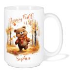 Cute Bear Coffee Mugs For Autumn Enthusiast, Personalized Happy Fall Yall White Mugs, Seasonal Bear Design Mugs, Cozy Fall Gift Idea For Kids, Customized Name Bear Travel Cups, Birthday Present