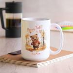 Cute Bear Coffee Mugs For Autumn Enthusiast, Personalized Happy Fall Yall White Mugs, Seasonal Bear Design Mugs, Cozy Fall Gift Idea For Kids, Customized Name Bear Travel Cups, Birthday Present