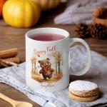 Cute Bear Coffee Mugs For Autumn Enthusiast, Personalized Happy Fall Yall White Mugs, Seasonal Bear Design Mugs, Cozy Fall Gift Idea For Kids, Customized Name Bear Travel Cups, Birthday Present
