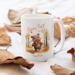 Cute Bear Coffee Mugs For Autumn Enthusiast, Personalized Happy Fall Yall White Mugs, Seasonal Bear Design Mugs, Cozy Fall Gift Idea For Kids, Customized Name Bear Travel Cups, Birthday Present